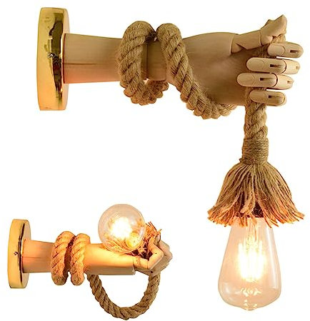 Lampada a sospensione in legno vintage E27 Pendant Light Base e Corda Lampadario Corda Canapa Industriale 40W Stile Country Per Ristorante Bar Cafe (Senza Lampadina)
