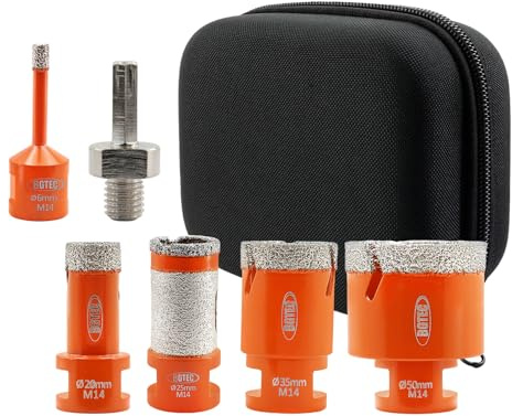 BGTEC Diamant Fliesenbohrer Set - 6 Stück (6/20/35/50mm+25mm Fräsbohrer+Adapter) mit M14 Gewinde zum Bohren von Porzellan, Keramik,Fliesen,Granit,Marmor, Stein