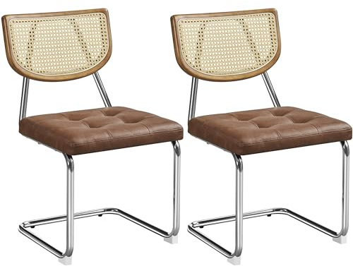 Yaheetech Woven Dining Chairs Set of 2 Rattan Back Faux Leather Retro Brown | Padded Seat, Mesh Rattan Back, Faux Leather, Metal Base Mid-century Armless Side Chairs for Kitchen, Dining & Living Room