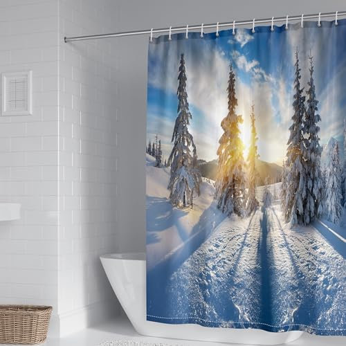 Homxi Duschvorhang mit Ösen Badewanne,150 W x 200 H cm,Blau Weiß Duschvorhang Verschneite Landschaft Duschvorhang Polyester Duschvorhang Ringe Weiß