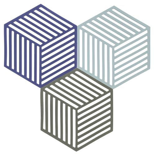 Zone Denmark - Lot de 3 Dessous-De-Plat en Silicone - Design GéoméTrique Moderne - Résistant À 250°C - Lave-Vaisselle - 2 Dimensions - Indigo/Fog/Olive Taupe