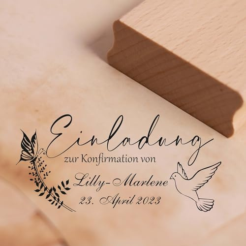 Dekolando Stempel personalisiert Einladung zur Konfirmation von - mit Name und Datum - Holzstempel Motivstempel Taube Schmetterling 58 x 28 mm
