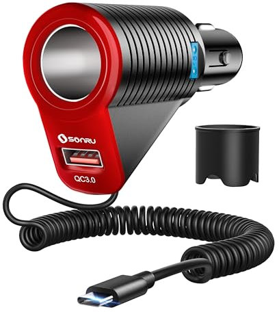 Zigarettenanzünder Verteiler, SONRU Auto Ladegerät 120W Zigarettenanzünder USB C Adapter mit 1,8M USB C Kabel, QC3.0 PD Schnellladegerät KFZ Ladegerät 12V 24V für iPhone 16/15, Samsung, iPad