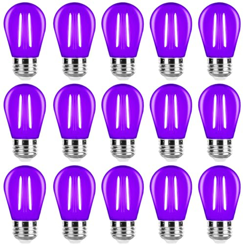 ZHZHLED Purple Light Bulbs Plastic 2 Watt S14 LED Replacement Bulbs for Indoor Outdoor String Lights, Shatterproof Waterproof E26 Base Filament Edison Christmas Halloween Light Bulbs,15 Pack