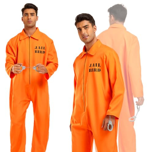 LGZIN Sträfling Kostüm Herren, Häftling Kostüm Herren mit Handschellen, Gefangener Kostüm Orange, Prisoner Overall Costume Orange, Knast Prisoner Cosplay Outfit für Karneval Party Deko -XL