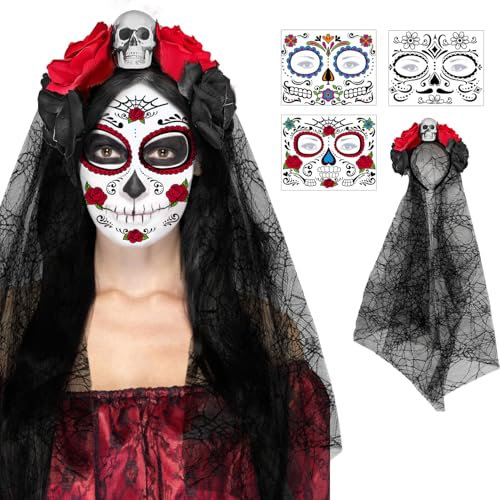 Yealiely Halloween Kopfschmuck Damen, Tag der Toten Kostüm Damen, Halloween Haarreif, Halloween Schleier und Halloween Tattoo Gesicht, Rosen Totenkopf Kopfschmuck, Halloween Damen Kostüm Accessoires