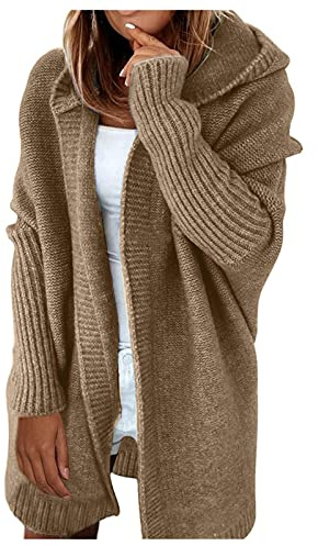 Damen Strickjacke Strickcardigan mit Kapuze Casual Strickjacke Lang Lose Offener Elegant Grobstrick Mode Strickmantel Longstrickjacke Übergangsjacke Grobstrick-Cardigan Wintermäntel Khaki L