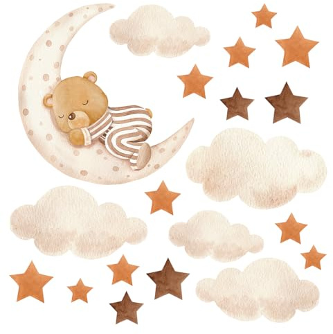 Wally Fox - Wandtattoo Kinderzimmer - Kinderzimmer Deko - Wandtattoo Kinderzimmer Jungen, Mädchen - Teddybär auf dem Mond, Sterne, Wolken, Mond, braun, Boho - 21stk