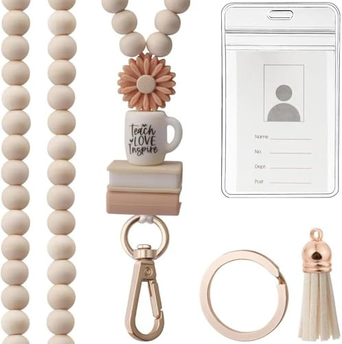 FDEETY Holzperlen Ausweisband Blume Tasse Anhänger Lanyard Schlüsselband Kartenhalter Ausweishülle Schlüsselanhänger