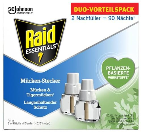 Raid Essentials Mückenstecker 45 Nächte Nachfüller, Elektrischer Insekten-Schutz vor Mücken & Tigermücken, 2er Pack (2 x 32 ml)