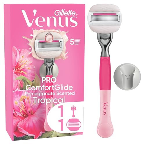 Gillette Venus Pro ComfortGlide Tropical Damenrasierer mit Granatapfel Duft (und Olay Feuchtigkeitscreme), Ersatzklingen, langlebiges Metallhandstück und Duschhalterung