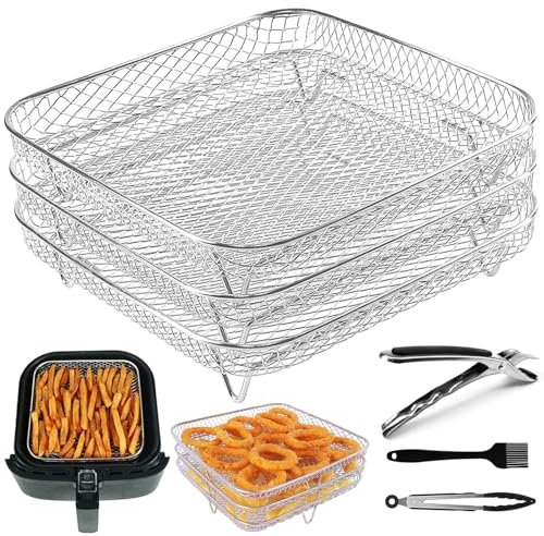 Accessoires Air Fryer, 3PCS Air Fryer Grill Rack Empilable 20cm Carrée Grille de Cuisson Antiadhésive en Acier Inoxydable avec 1 Clip et 1 Pince (Carrée)
