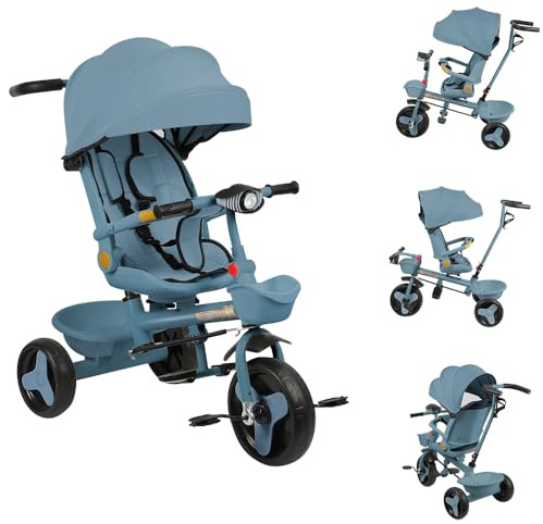 OHMG Tricycle 4 en 1,pour Enfants à partir de 1 à 5 Ans,avec Toit Pare-Soleil Amovible,Barre de poussée, Jogger,avec fenêtre de Toit,Ceintures de sécurité,pédale,siège Rotatif (A-Bleu)