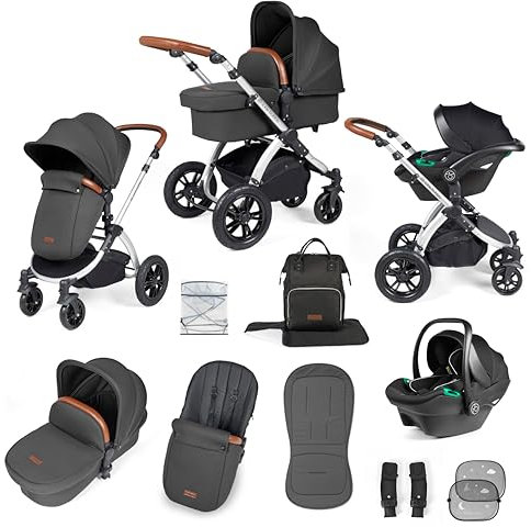 Ickle Bubba Stomp Luxe Offroad-Kinderwagen, 12-teilig, 3-in-1-Reisesystem mit i-Size Cirrus Autositz – wendbarer Sitz, Kinderwagen, Verdeck UPF 50+ & Zubehör (Silber/Anthrazitgrau/Tan)