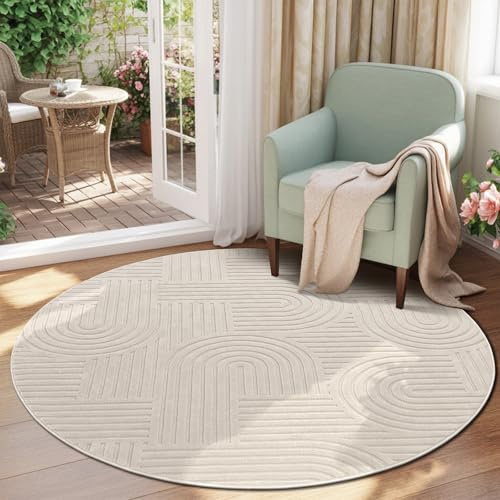Enyhom Rund matta, vardagsrum, 200 cm, stor fluffig matta med kort lugg, tvättbar, modern matta, 3D-effekt, halkfria mattor för matsal, kök, sovrum, beige