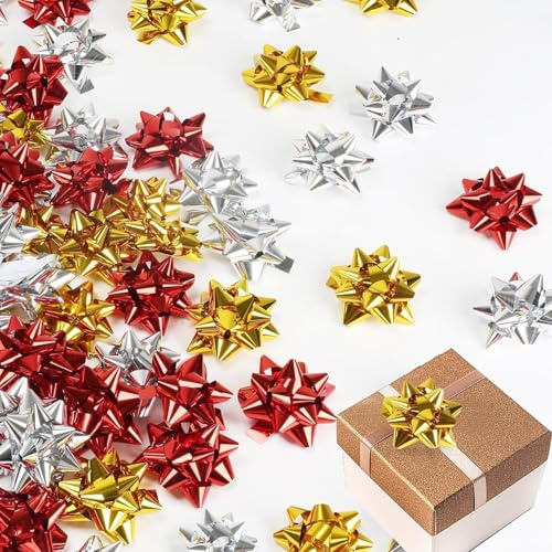 Vookkp 120 Stück Geschenkschleifen Selbstklebend Klein Weihnachten Geschenkschleife Weihnachtsschleifen Schleife Geschenk Rot Gold Silber 4x4 cm