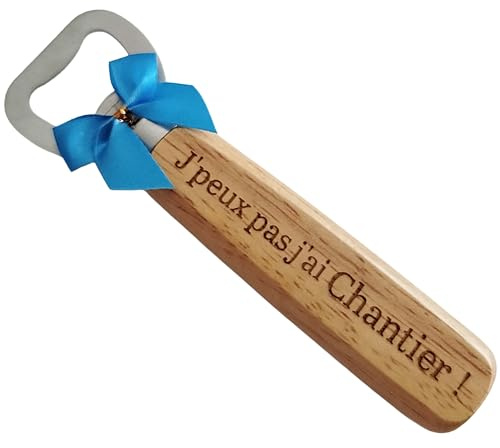 Décapsuleur en Bois Gravé et Personnalisé sur les 2 Faces Thème Chantier et Bâtiment - Accessoire Chantier Humoristique, Cadeau Original Noël, Anniversaire pour Artisan