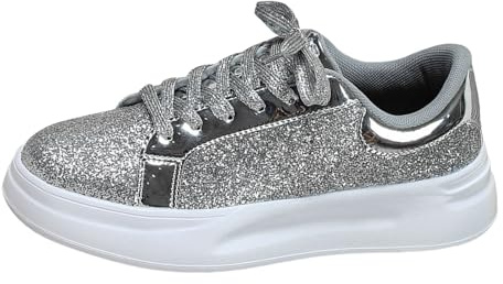 MODSGUE Zapatillas de mujer con lentejuelas brillantes, planas, bajas, para exteriores, con cordones, para caminar, zapatillas deportivas para calle, boda, fiesta, club nocturno, plata, 44 EU
