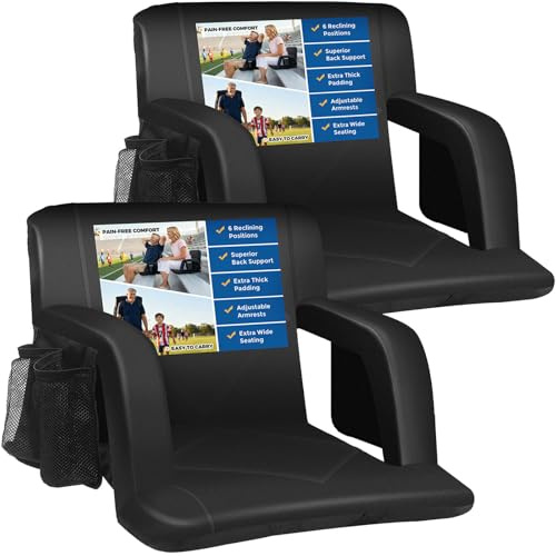 Sheenive Stadium Seats with Back Support (380 lbs) - 2.8'' Thick Comfy Cushion, 6 Adjustable Angles Bleacher Seat with Armrests - Includes Backpack Strap, Carry Handle, 2 Cup Holders & 2 Large Pockets