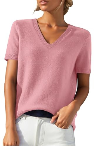 PODOLIXIA Jersey de manga corta para mujer, cuello de pico, de punto, monocolor, manga corta, jersey de punto fino, suave, respetuoso con la piel, para verano, suéter para mujer