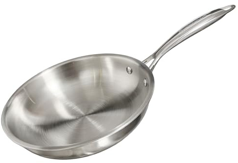Buckingham Tri-Ply Skillet Frying Pan Uncoated 18/8 Stainless Steel Induction Compatible Oven Safe 260°C Even Heat Distribution for Healthy Cooking 24cm (2.1 litres)