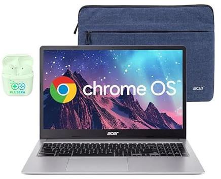 Acer 15.6” FHD Chromebook Laptop, 4GB RAM 576GB Storage (64GB eMMC+512GB SD Card), Dual-Core Intel Celeron Processor, Chrome OS, WiFi-6, USB-Type C, Long Battery Life, PLUSERA Earphones, Silver