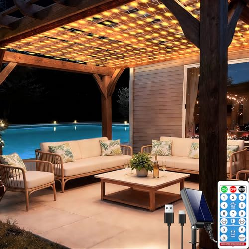 10ft x 10ft Solar Net Lights with 280 LEDs, USB Powered Option, 8 Modes on Clear Wire for Bushes, Patio, Gazebo, Christmas, Holiday, Party, Warm White