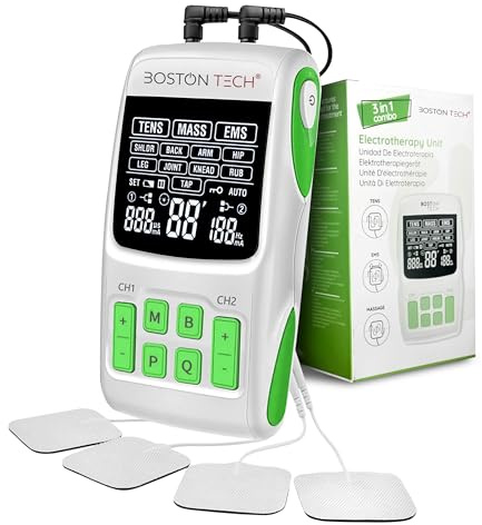 Boston tech® 3 en 1 Electroestimulador muscular con función TENS/EMS/Masaje| 2 Canales 36 Programas con intensidad Ajustable 4 electrodos Alivia rehabilita y fortalece los músculos Baterías incluidas