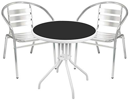 Mojawo® Bistrogarnitur 3-teilig Bistrotisch Metall/Glas weiß Bistroset rund Ø60cm + 2 Stapelstühle Aluminium