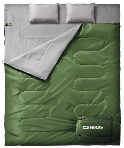 CANWAY Doppelschlafsack mit 2 Kissen, wasserdicht, leicht, für 2 Personen, Schlafsack für Camping, Rucksackreisen, Indoor für Erwachsene oder Jugendliche, Queen-Size-Größe XL (Armeegrün-Polyester)