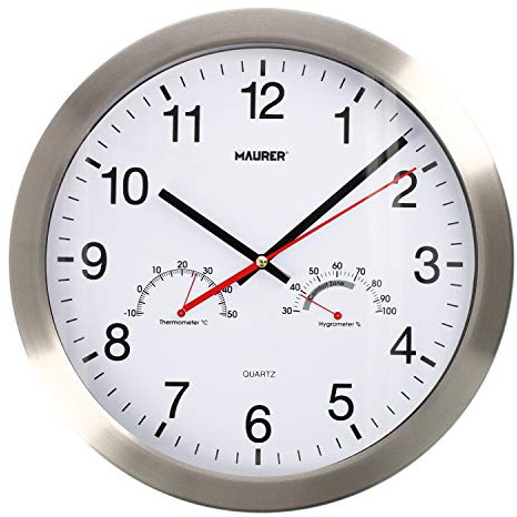 MAURER 5152010 Reloj De Pared Ø 30 cm. con Higrometro y Termometro. Frontal En Acero