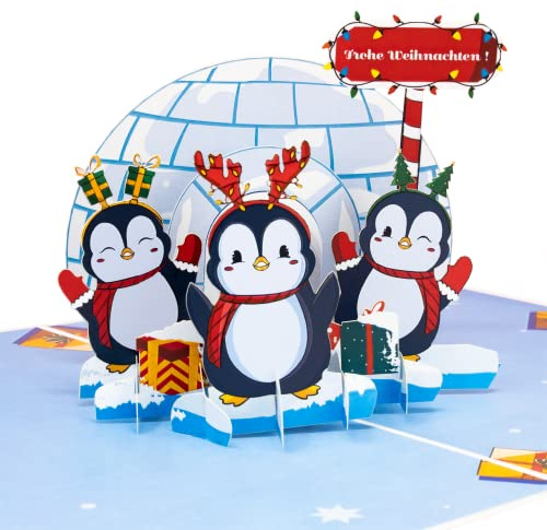 LIMAH® Pop-Up 3D Grußkarte/Lustige Weihnachtskarte/X-Mas Karte zu Weihnachten/Drei Pinguine Motiv/in Blau