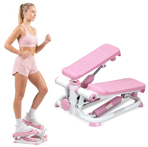 Sunny Health & Fitness Mini Stepper, Compact Home Workout Equipment for Legs & Glutes, Low-Impact Cardio Machine with Digital Monitor, Quiet Hydraulic Resistance, Pink