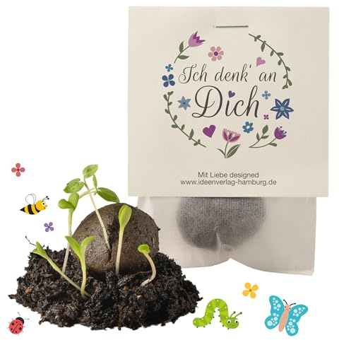 Ideenverlag HAMBURG 4X Ich Denk' an Dich Samenbomben als Geschenk/Abschied/Valentinstag/Blumen/Aufmerksamkeit/Gastgeschenk/Seedbombs/Partytüten/Mitgebseltüten/Geschenktüten/Give-aways/Saatkugeln