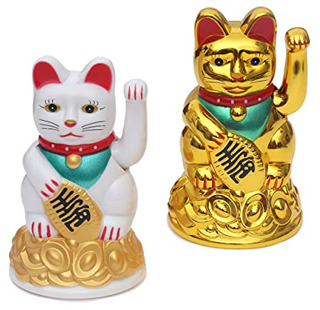 Flanacom Winkekatze 2er Set - Winkende Japanische Glückskatze - Wackelfigur Glücksbringer Büro Schreibtisch - lustige Scherzartikel - Abschiedsgeschenk Kollege - Wichtel-Geschenk (Gold & Weiß)