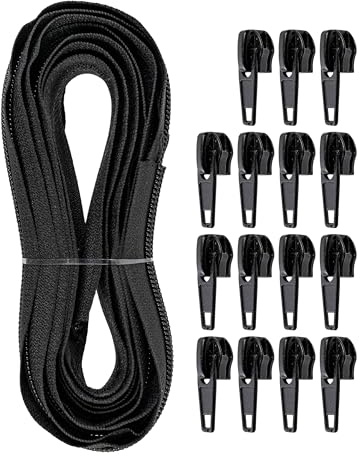 Endlos Reißverschluss, 330 cm Gesamtlänge, Größe #5, Schwarz, nicht teilbar, Breite 32 mm, Zahnbreite 6,5 mm, Set mit 15 x Metall RV Schieber Laschen, Reissverschluss Spirale mit Anhängern DIY Kit