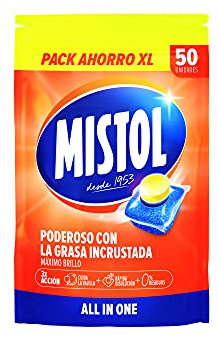 Mistol All In One - 50 Pastiglie Lavastoviglie - Confezione risparmio XL - Ottimale disincrostazione, cura delle stoviglie, rapida dissoluzione e 0 rifiuti - Elevata efficienza e potenza antigrasso
