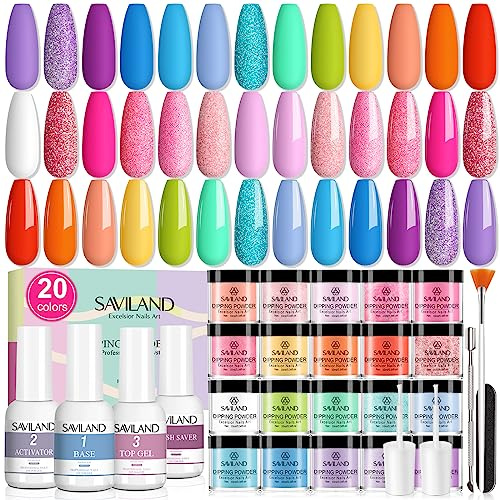 Saviland 29PCS Dipping Powder Nails Set Starter Kit: Langlebig 20 Farben Dip Pulver Dip Liquid Base Top Activator Brush Saver Dip Nagelset French Maniküre Nägel Selber Machen Valentinstags-Geschenke