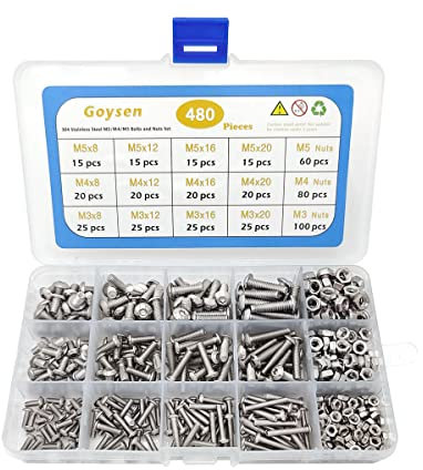 Goysen 480 Stück Schrauben und Muttern, sortiertes Set, 304 Edelstahl, Sechskantschrauben-Set, M3, M4, M5, Zylinderkopfschrauben, Schrauben und Muttern
