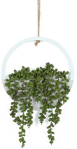 Hobyhoon Hanging Plant Artificial Succulents Fake String of Pearls Plants 12.2'' in Wooden Pot for Indoor Outdoor Wall Decor (1PCS)