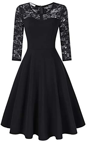 KOJOOIN Abito da donna elegante in pizzo abito da sera floreale abito da cocktail, Nero-01 Manica Lunga, S