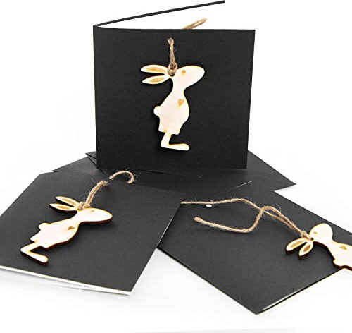 Logbuch-Verlag 3 Osterkarten Ostern Karten MIT HOLZ ANHÄNGER HASE zum Aufhängen schwarz natur MIT UMSCHLAG