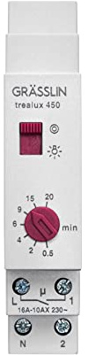 Grässlin 18.13.0001.1 trealux 450 timer de escalera carril DIN 1 módulo | Montaje carril DIN, 1 canal, detección automática 3/4 hilos, rango de tiempo 0,5–20 min, LED 400 W, lámpara/halógena 2600 W