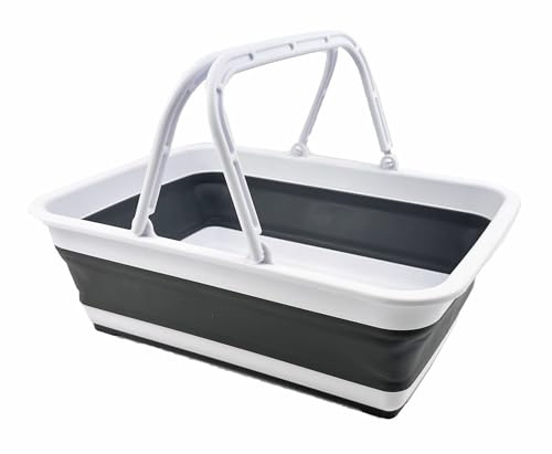SAMMART 8L Zusammenklappbarer Korb mit Griff – Tragbarer Outdoor-Picknickkorb/Krater – Faltbare Einkaufstasche – Platzsparender Aufbewahrungsbehälter (Weiß/Stahlgrau)