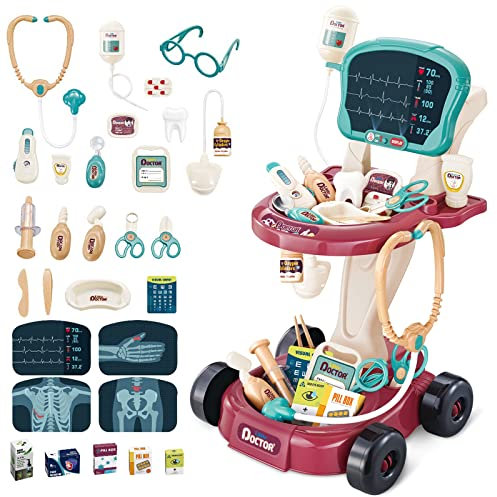 deAO Doktor-Spielzeug für Kinder, 29-teiliges Zubehör mit Stethoskop und elektronischem medizinischem Wagen, Rollenspiel-Set, für Kinder von 2 3 4 5 6 Jahren