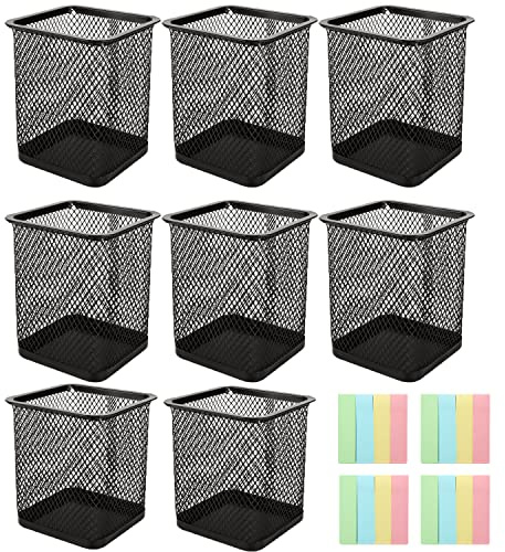 LOLYSIC 8 Pack Pen Pots, Black Mesh Pen Holders, Square Metal Pencil Pot Desk Pencil Holders for School, Office, Home, with 4Pcs Sticky Notes