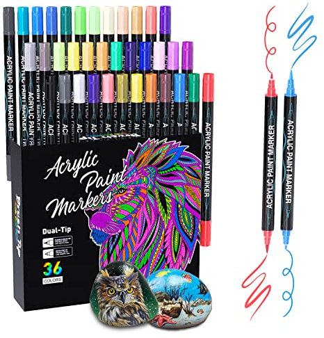 Sonlaryin Acrylstifte für Leinwand 36 Farben, Doppelspitze Acrylstifte für Steine Wasserfest, Acrylmarker Set für Holz, Glas, Papier, Keramik, Leinwand, Erwachsene Geschenke Ostern Basteln