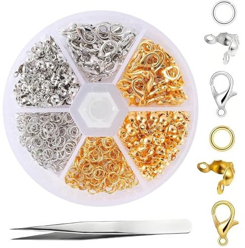 FANNAS 480 Stück Armband Verschluss Set Ketten Verschlüsse Silber Karabinerverschluss und Biegeringe und Crimpenden für Halsketten Armband Fußkette Schmuck Basteln DIY (mit Pinzette)
