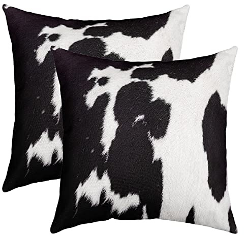 Loussiesd Cow Print Throw Pillow Covers Set of 2 Soft Black White Cowhide Print Pillow Cases Cushion Covers Farmhouse Animal Cushion Cases Abstract Art Room Decorative Throw Pillow Covers 16x16 Inch