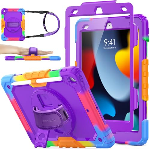 SEYMAC Stock Coque pour iPad 9/8/7ème Génération 10,2'' 2021/2020/2019 | Coque Antichoc avec Protecteur D'écran, Support Rotatif à 360°/Dragonne, Porte-Crayon et Bandoulière, Violet